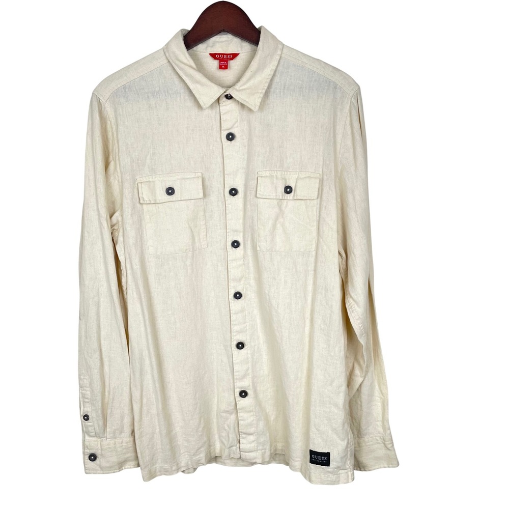 Guess Mens Shirt Sz M Linen Blend Button Down Long Sleeve Travel Lightweight